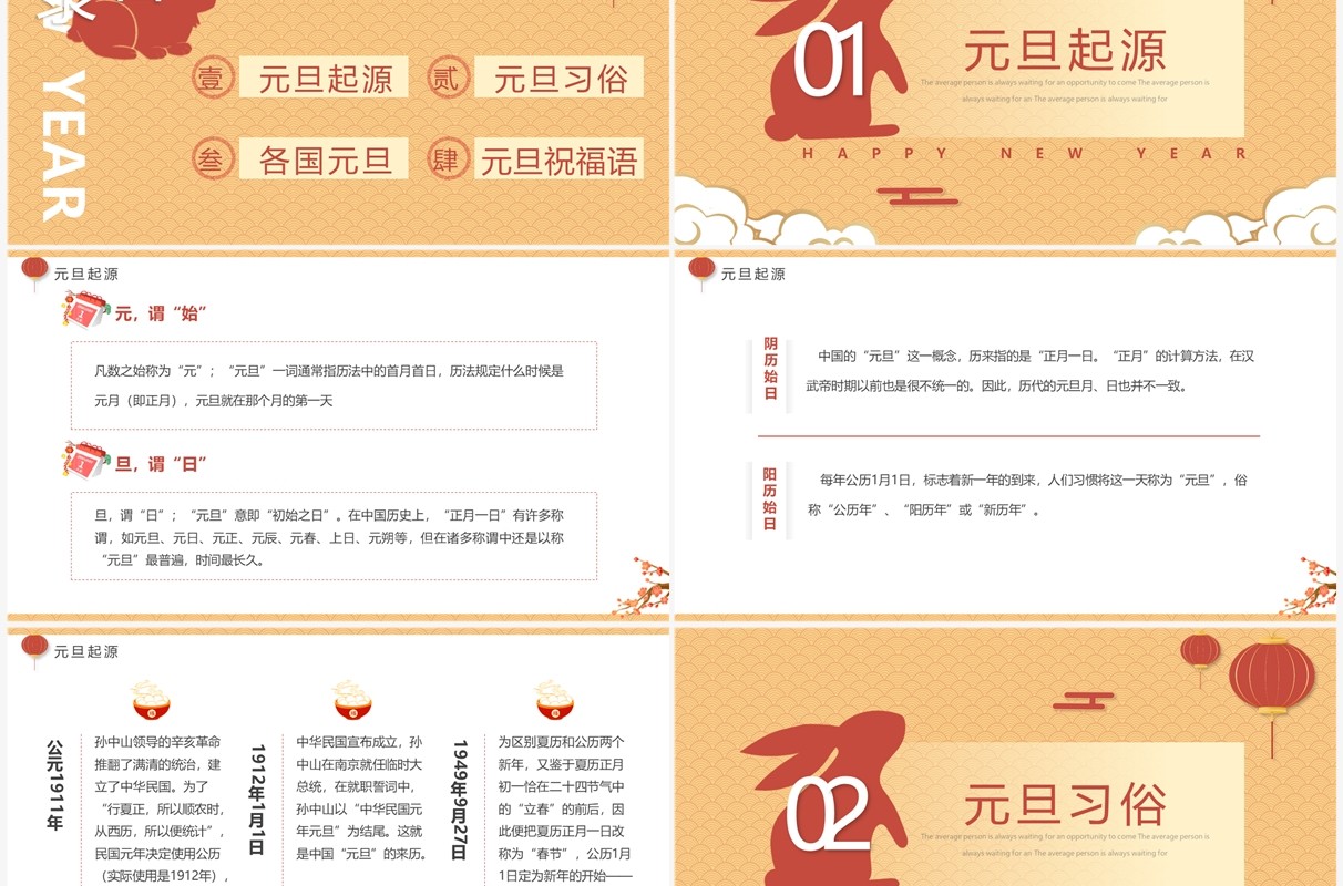黄色简约中国风2023元旦介绍PPT模板