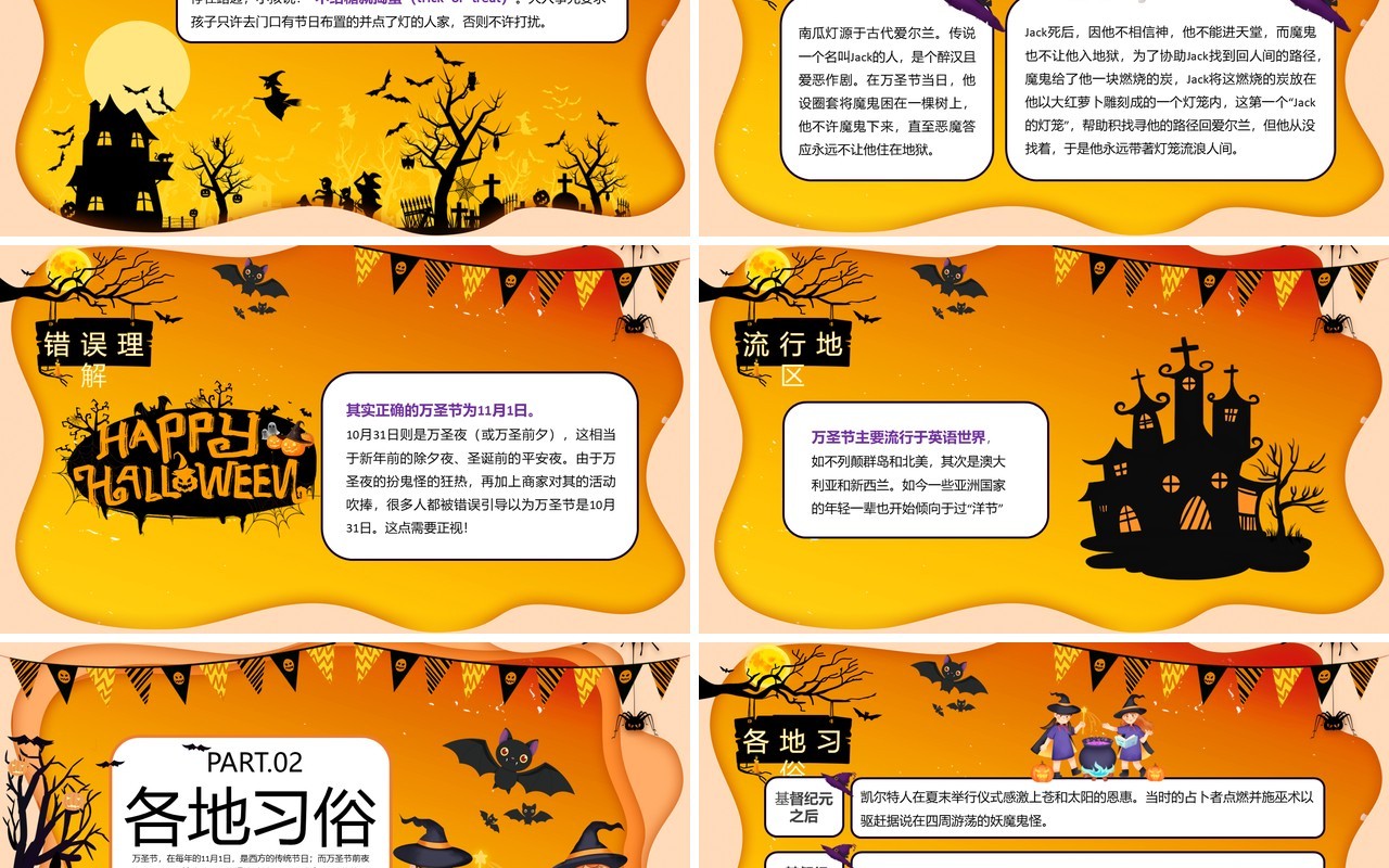橙色卡通风万圣狂欢夜主题班会PPT模板