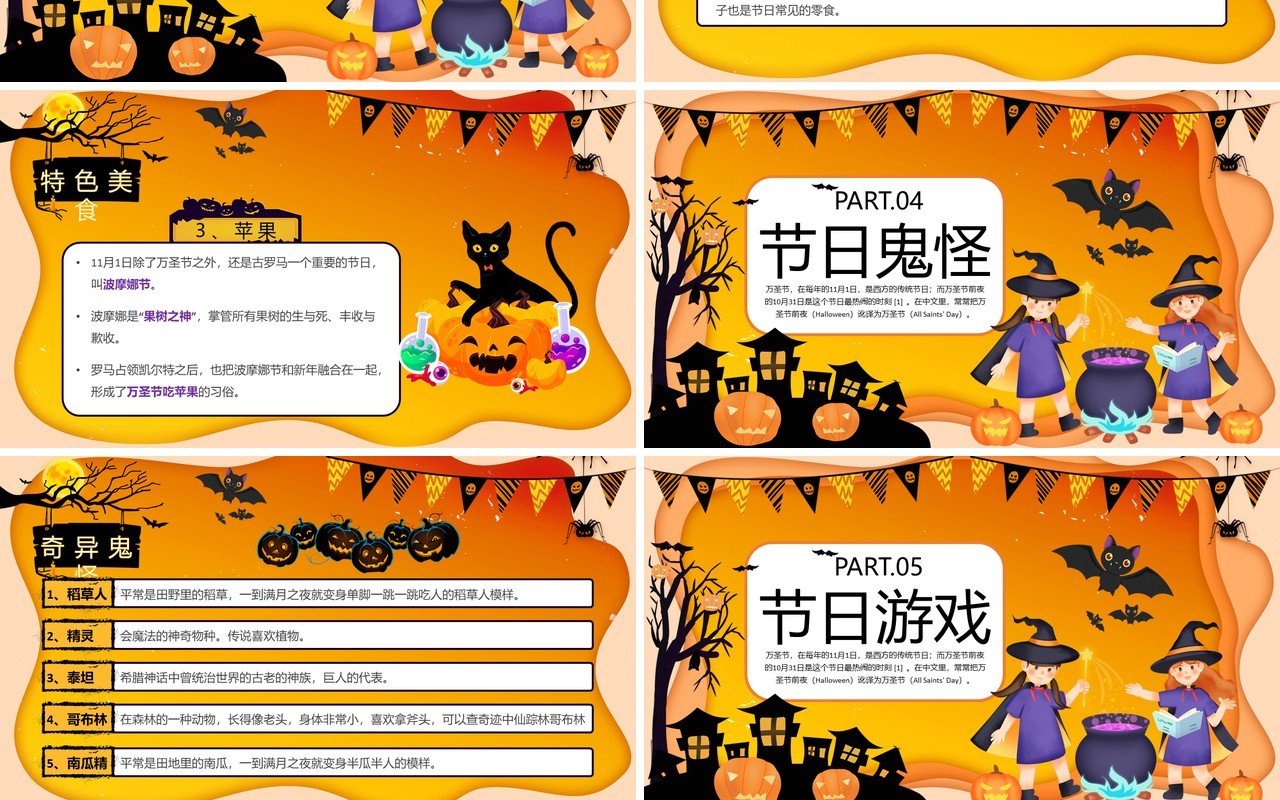 橙色卡通风万圣狂欢夜主题班会PPT模板
