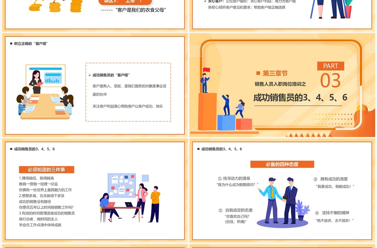 橙色插画销售人员入职岗位培训PPT模板