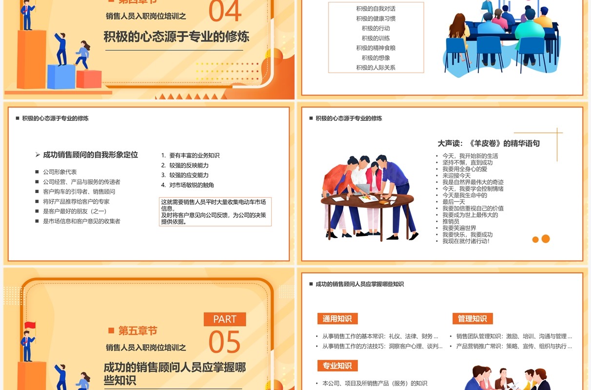 橙色插画销售人员入职岗位培训PPT模板