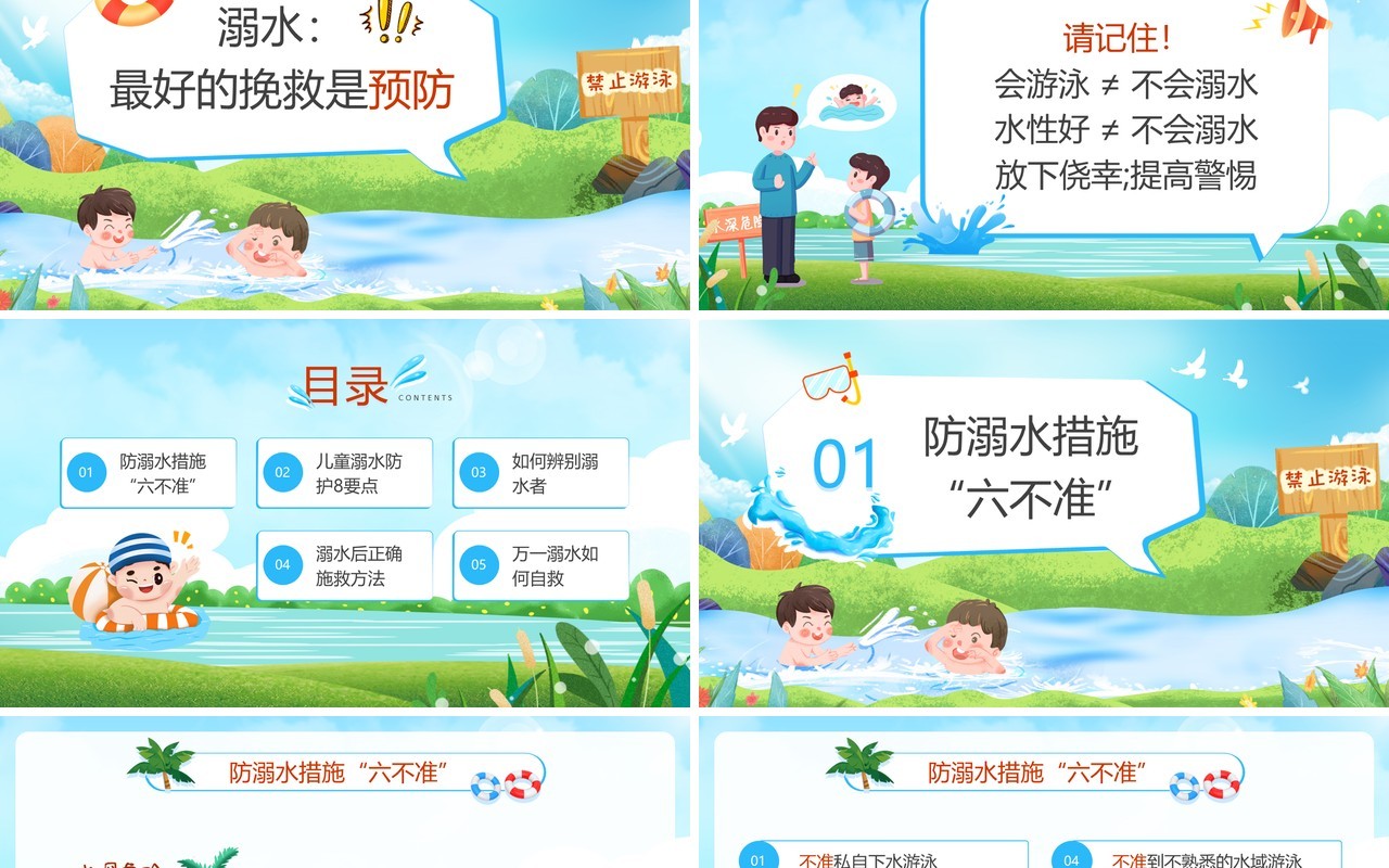 蓝色卡通风暑期防溺水安全常识PPT模板