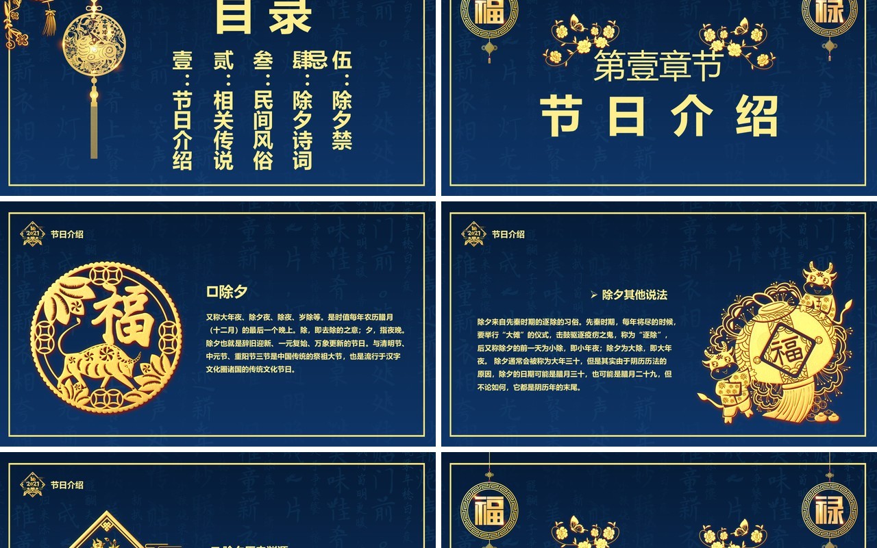 蓝金2021年除夕夜习俗宣传介绍PPT模板