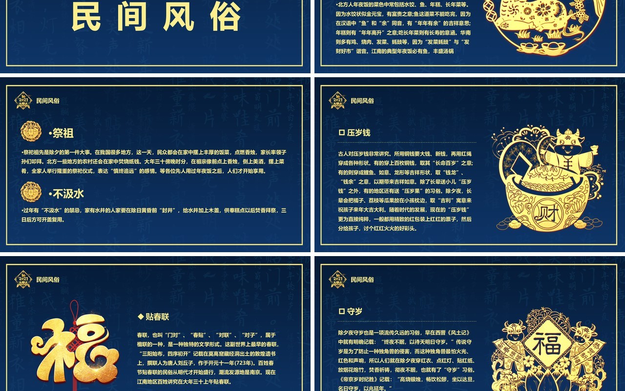 蓝金2021年除夕夜习俗宣传介绍PPT模板
