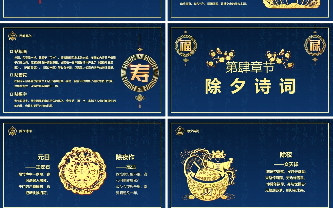 蓝金2021年除夕夜习俗宣传介绍PPT模板
