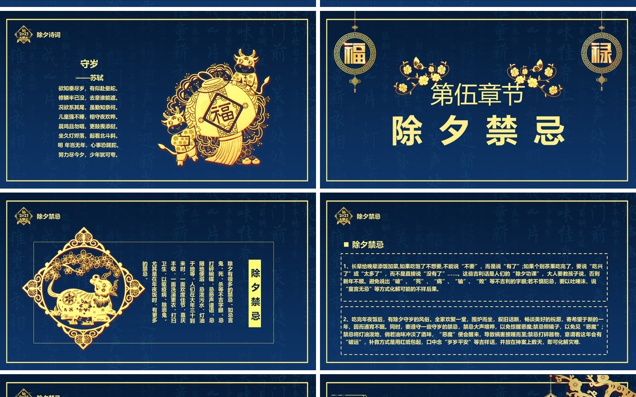 蓝金2021年除夕夜习俗宣传介绍PPT模板