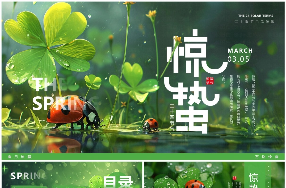 绿色插画风二十四节气之惊蛰介绍PPT模板