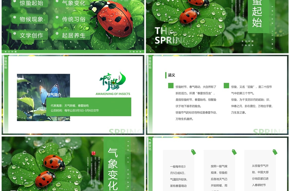 绿色插画风二十四节气之惊蛰介绍PPT模板
