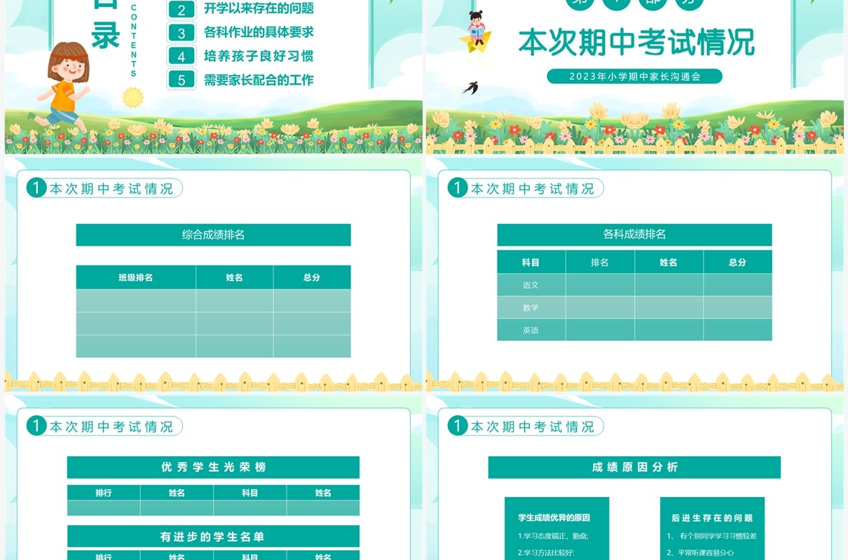 绿色卡通风小学期中家长沟通会PPT模板
