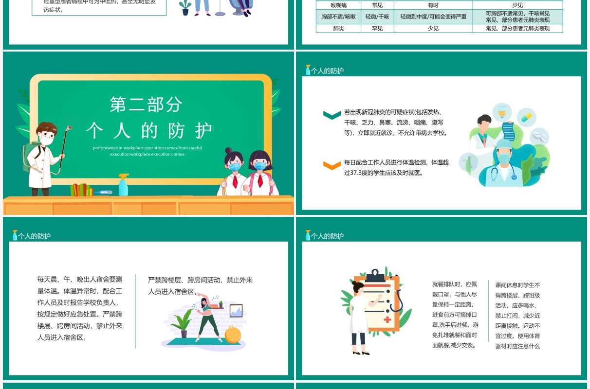 绿色卡通开学防疫重若泰山PPT模板