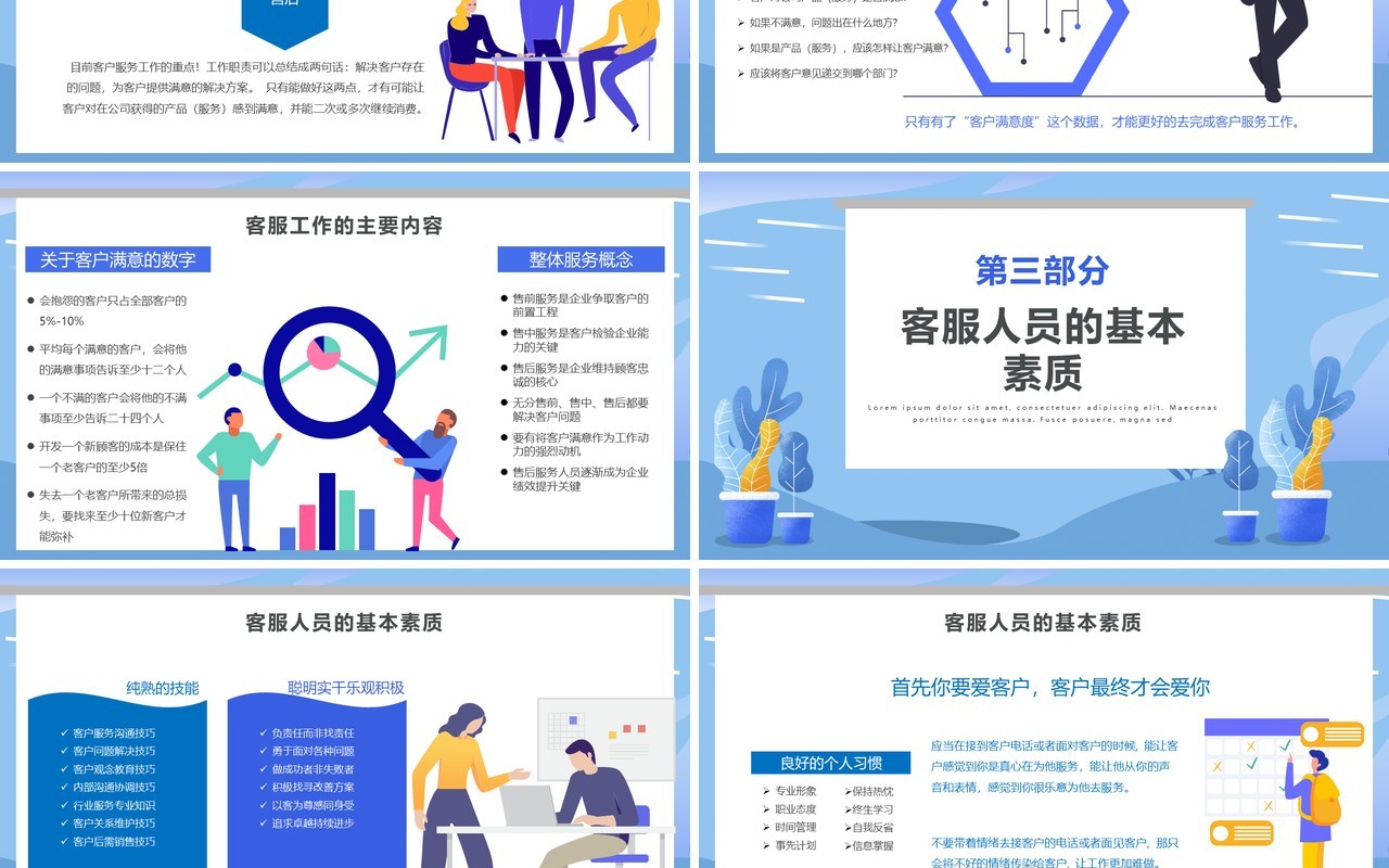 蓝色简约扁平化公司管理服务客户服务管理培训PPT模板