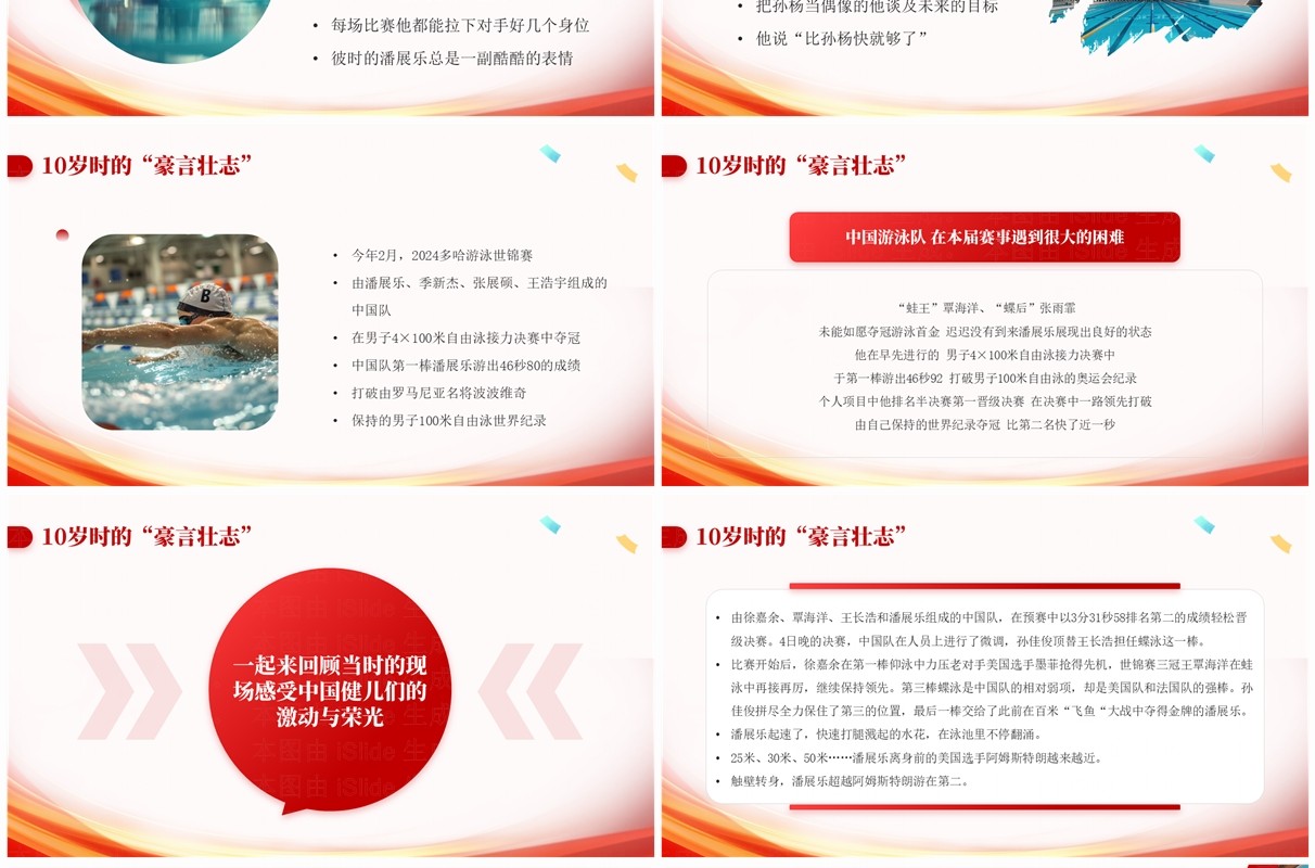 红色简约风巴黎奥运会潘展乐的飞鱼人生PPT模板