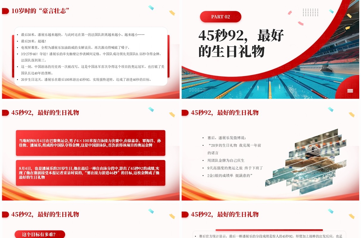 红色简约风巴黎奥运会潘展乐的飞鱼人生PPT模板