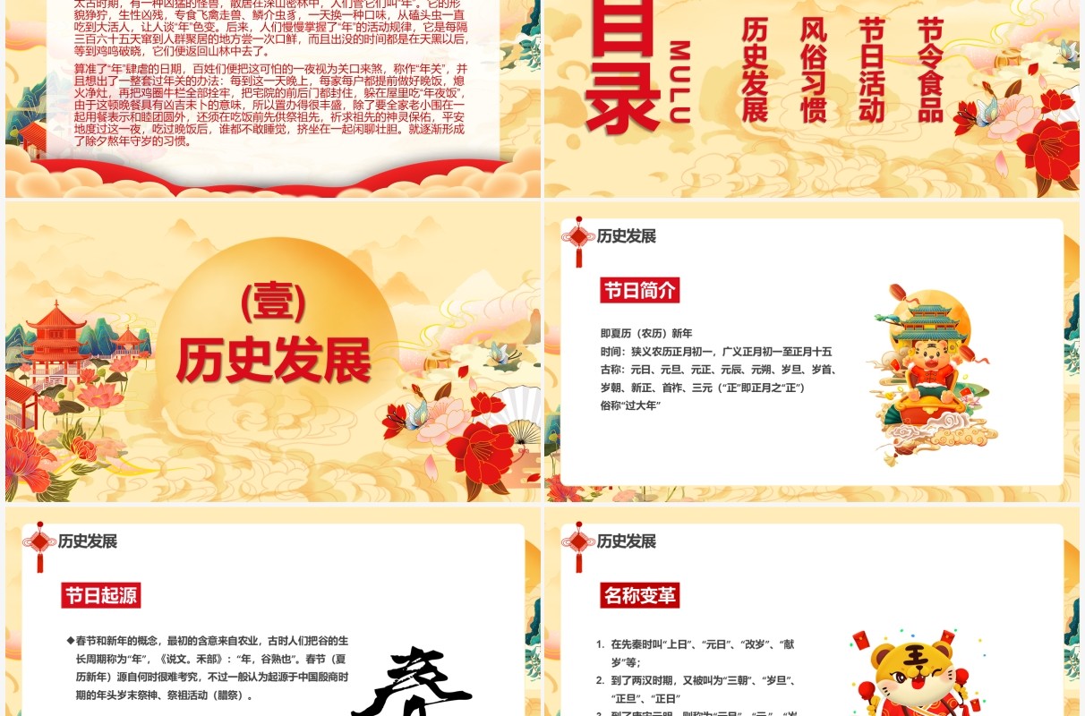 黄色中国风虎年春节习俗介绍PPT动态模板