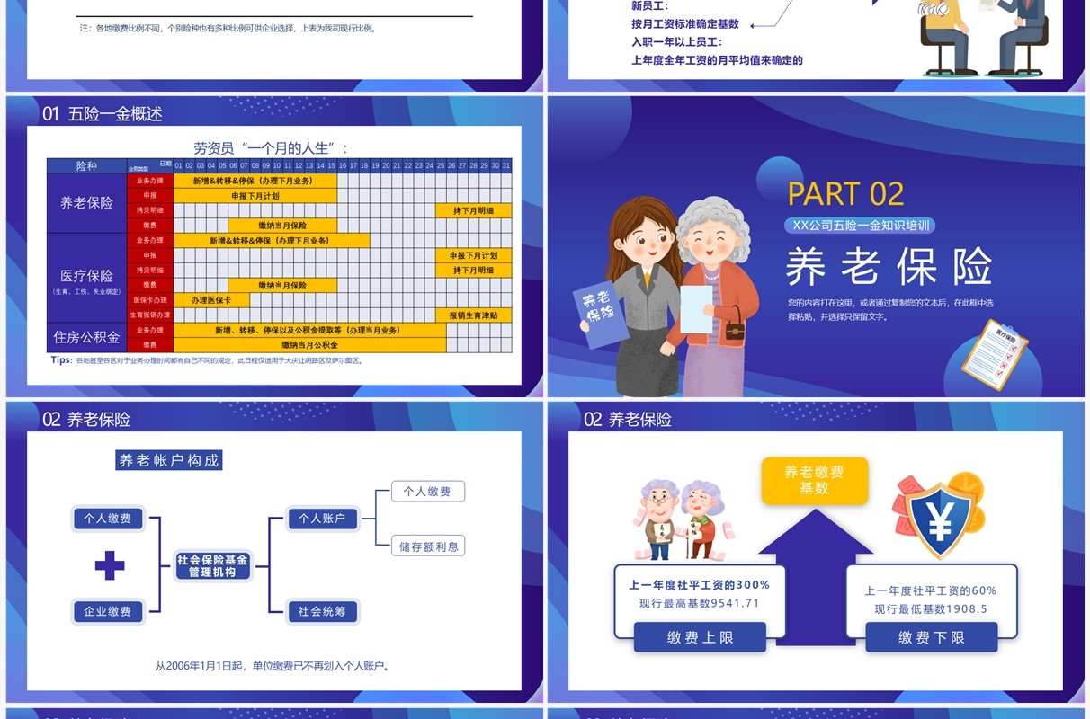 蓝色插画风企业五险一金知识培训PPT模板(1)