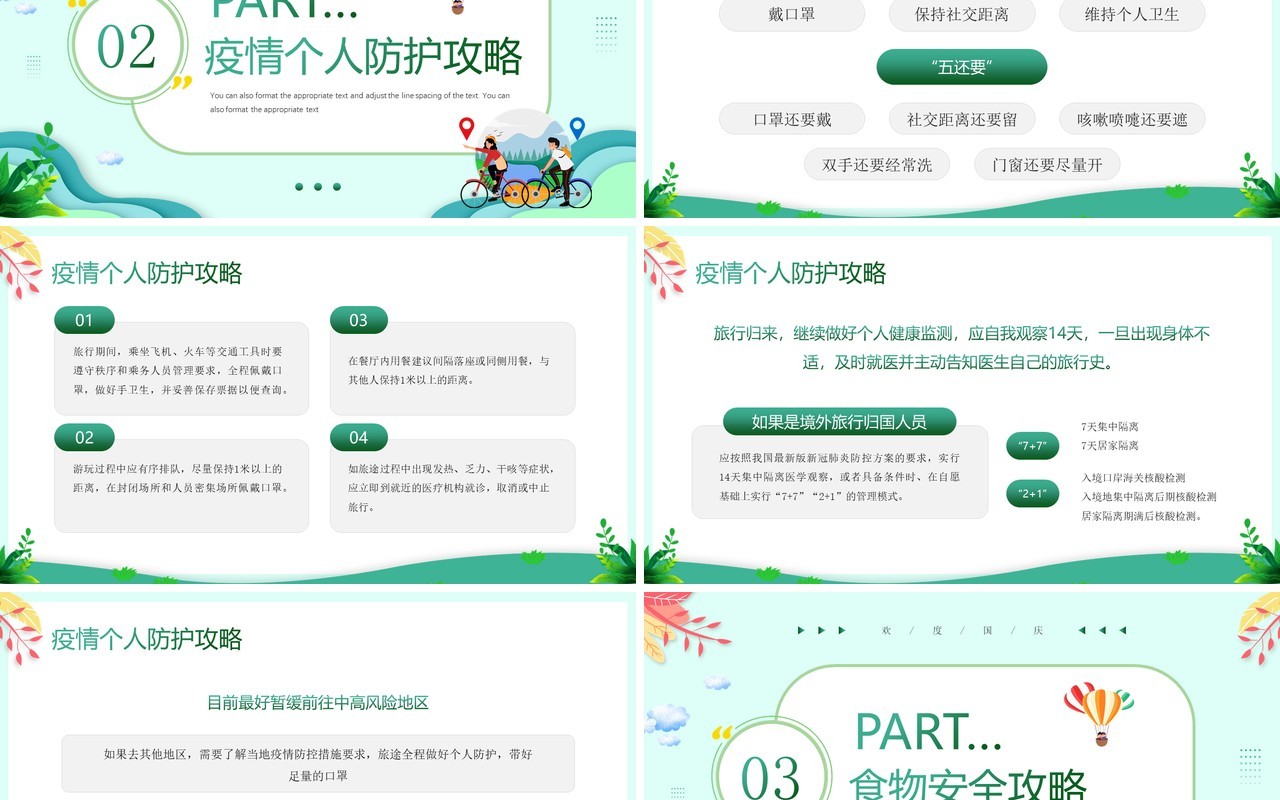绿色卡通风国庆节出游攻略知识PPT模板