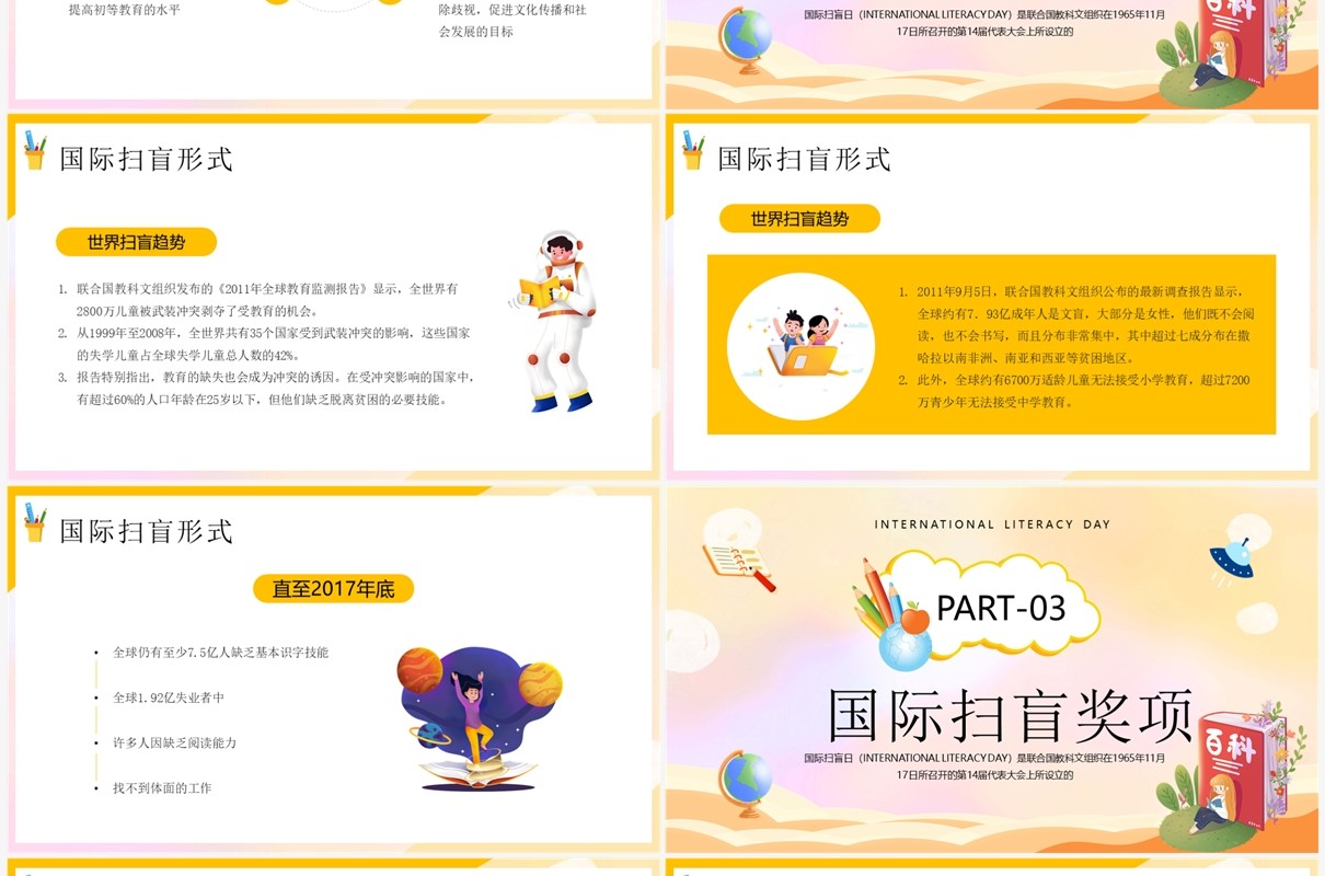 黄色卡通风国际扫盲日介绍PPT模板
