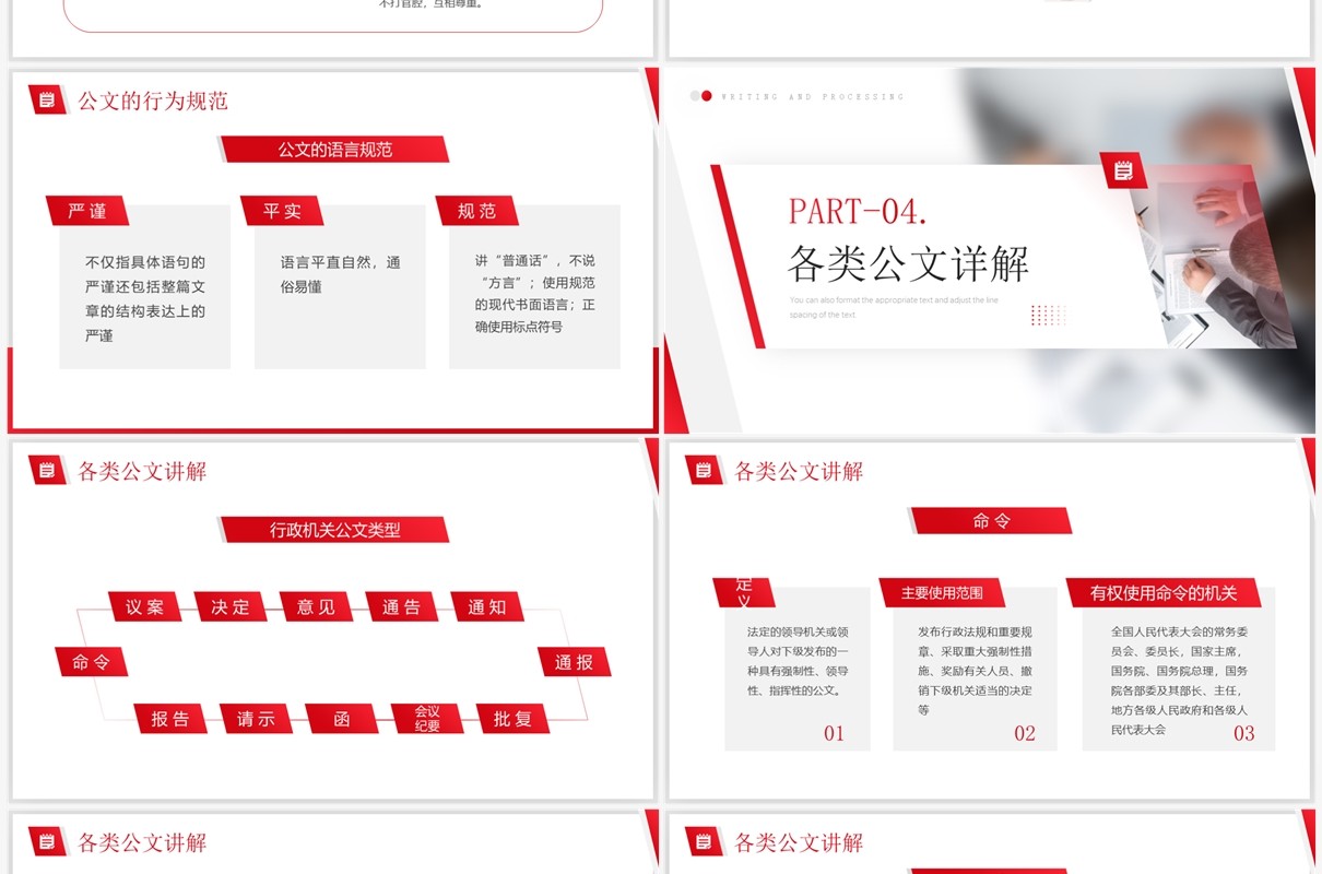 红色商务风机关公文写作与处理PPT模板