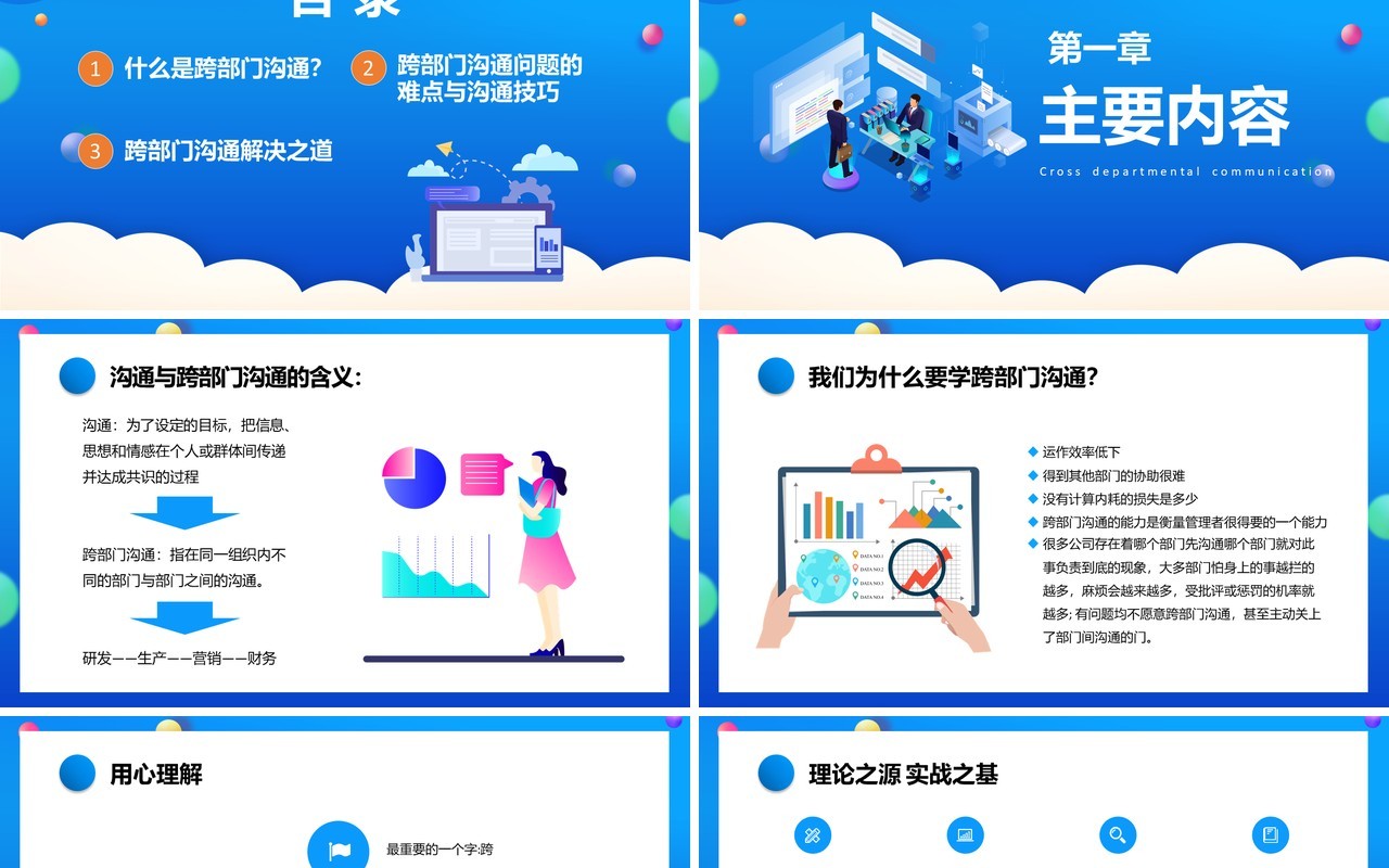 蓝色卡通企业跨部门沟通与协作员工管理培训通用PPT模板