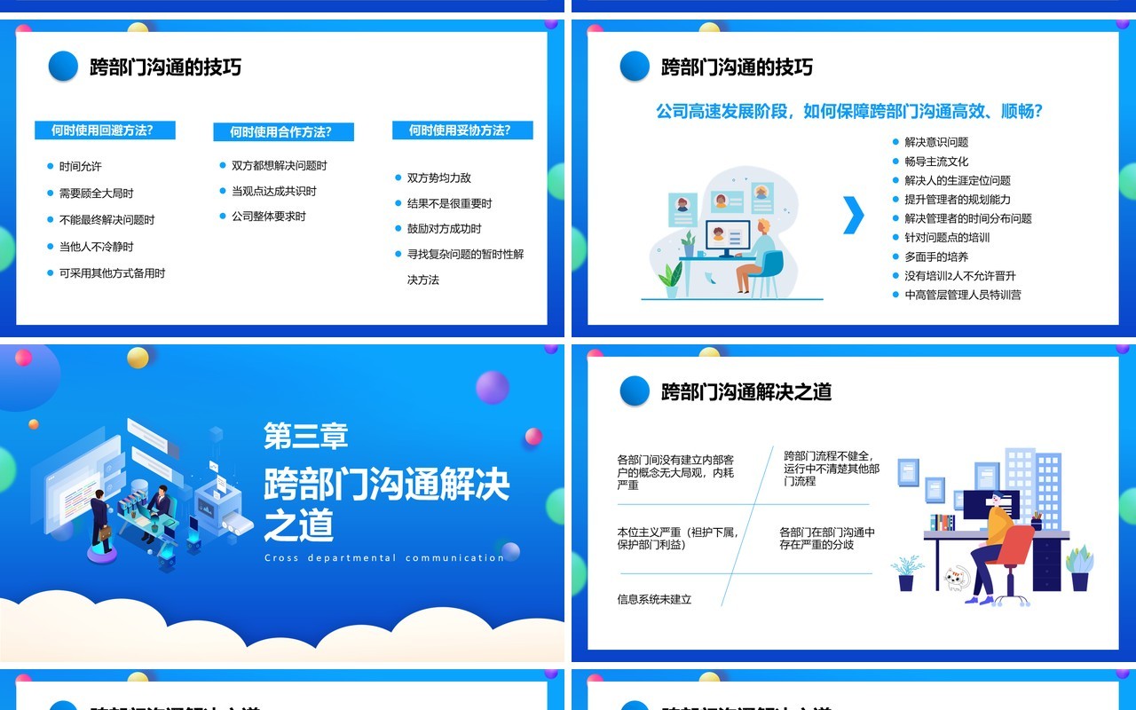 蓝色卡通企业跨部门沟通与协作员工管理培训通用PPT模板