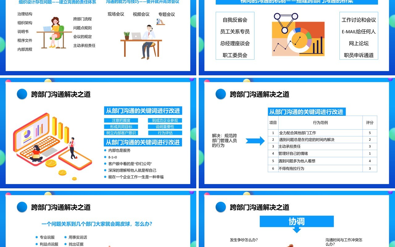 蓝色卡通企业跨部门沟通与协作员工管理培训通用PPT模板