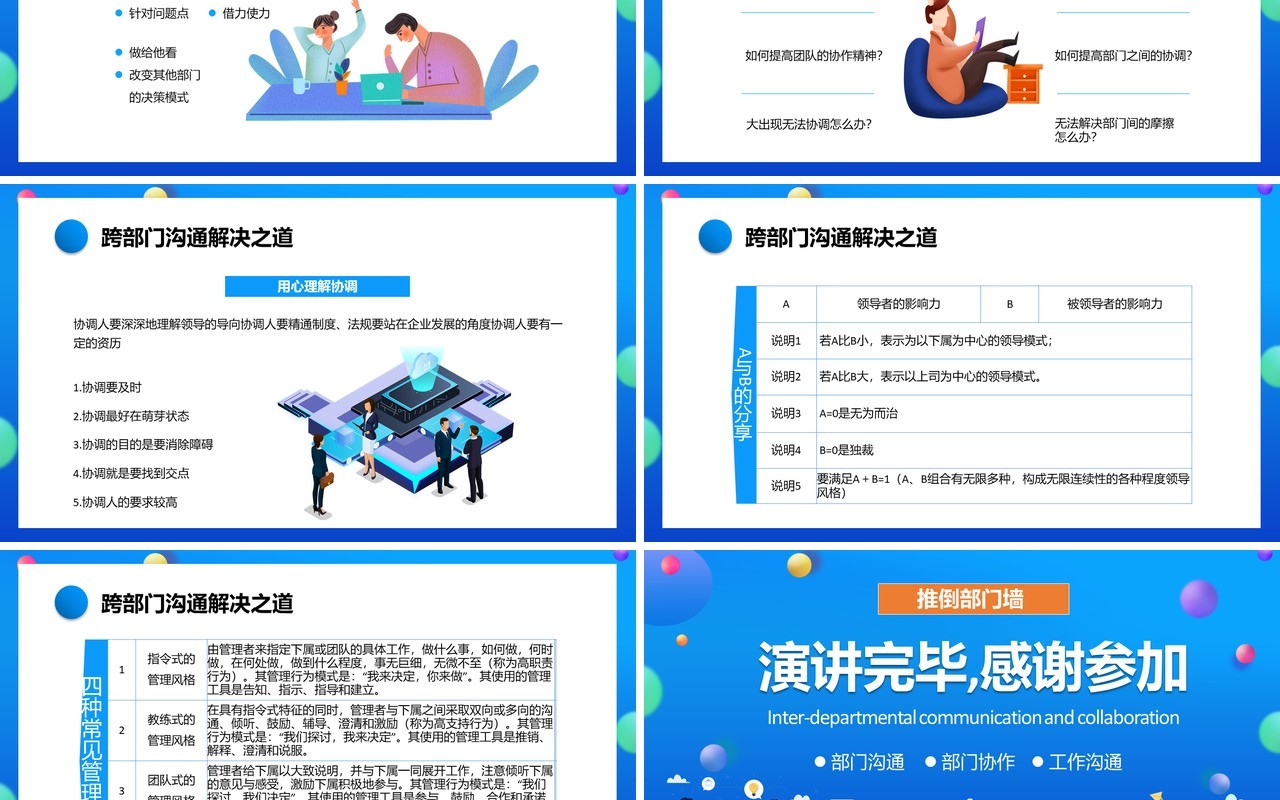 蓝色卡通企业跨部门沟通与协作员工管理培训通用PPT模板