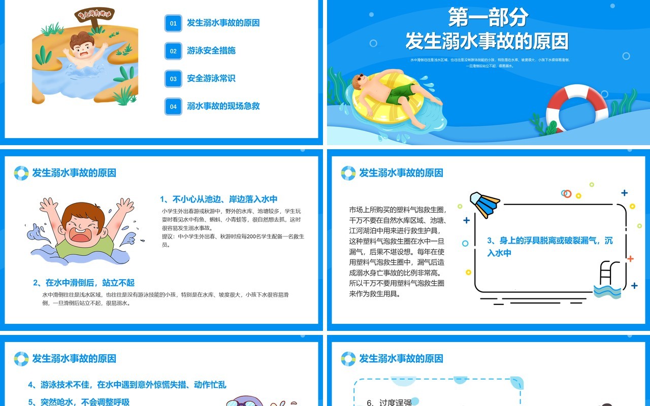 蓝色卡通风珍爱生命预防溺水游泳安全知识讲座PPT模板