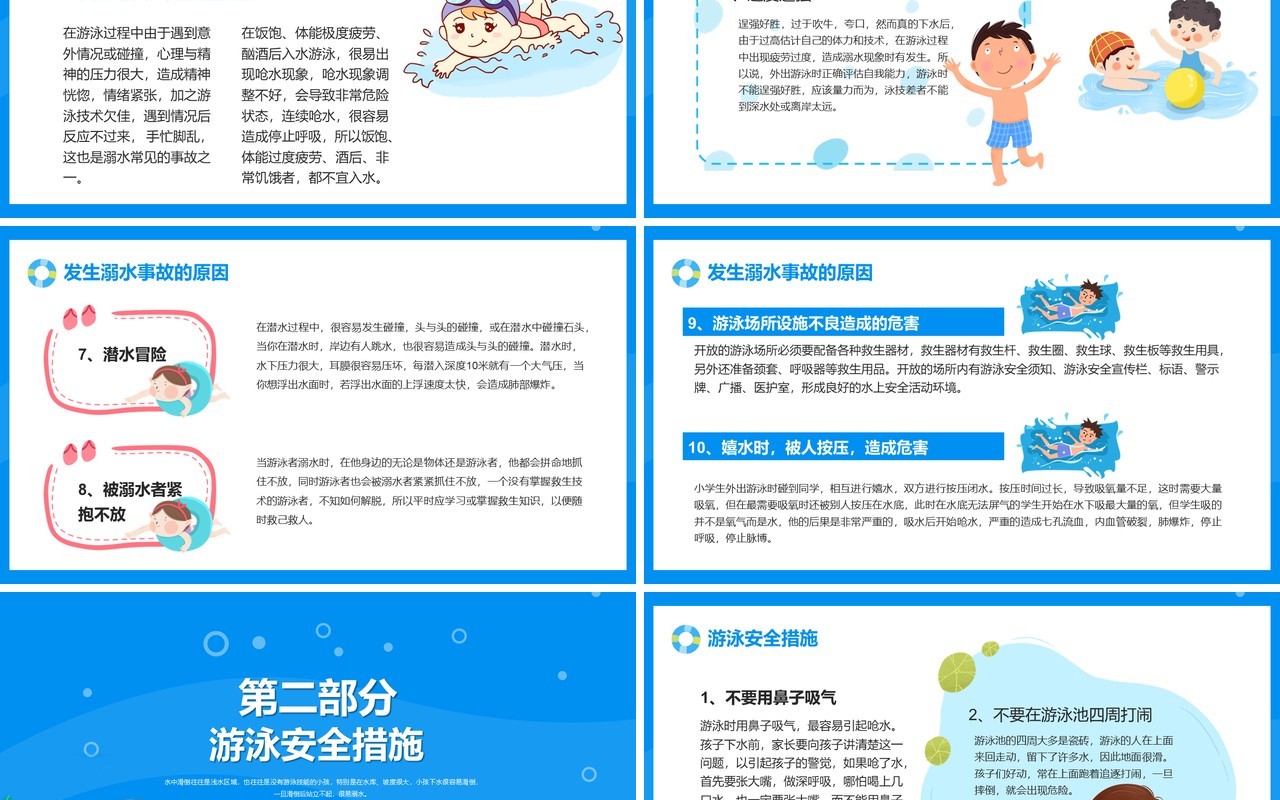 蓝色卡通风珍爱生命预防溺水游泳安全知识讲座PPT模板