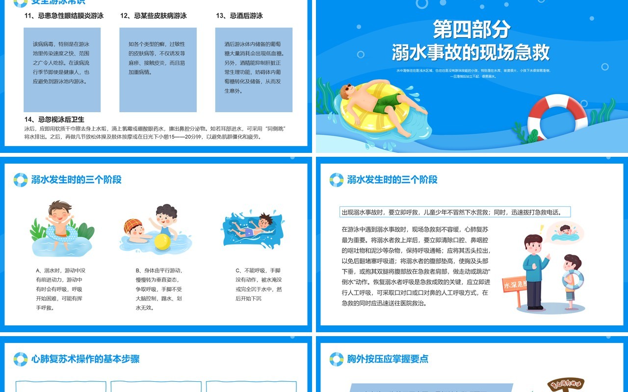蓝色卡通风珍爱生命预防溺水游泳安全知识讲座PPT模板