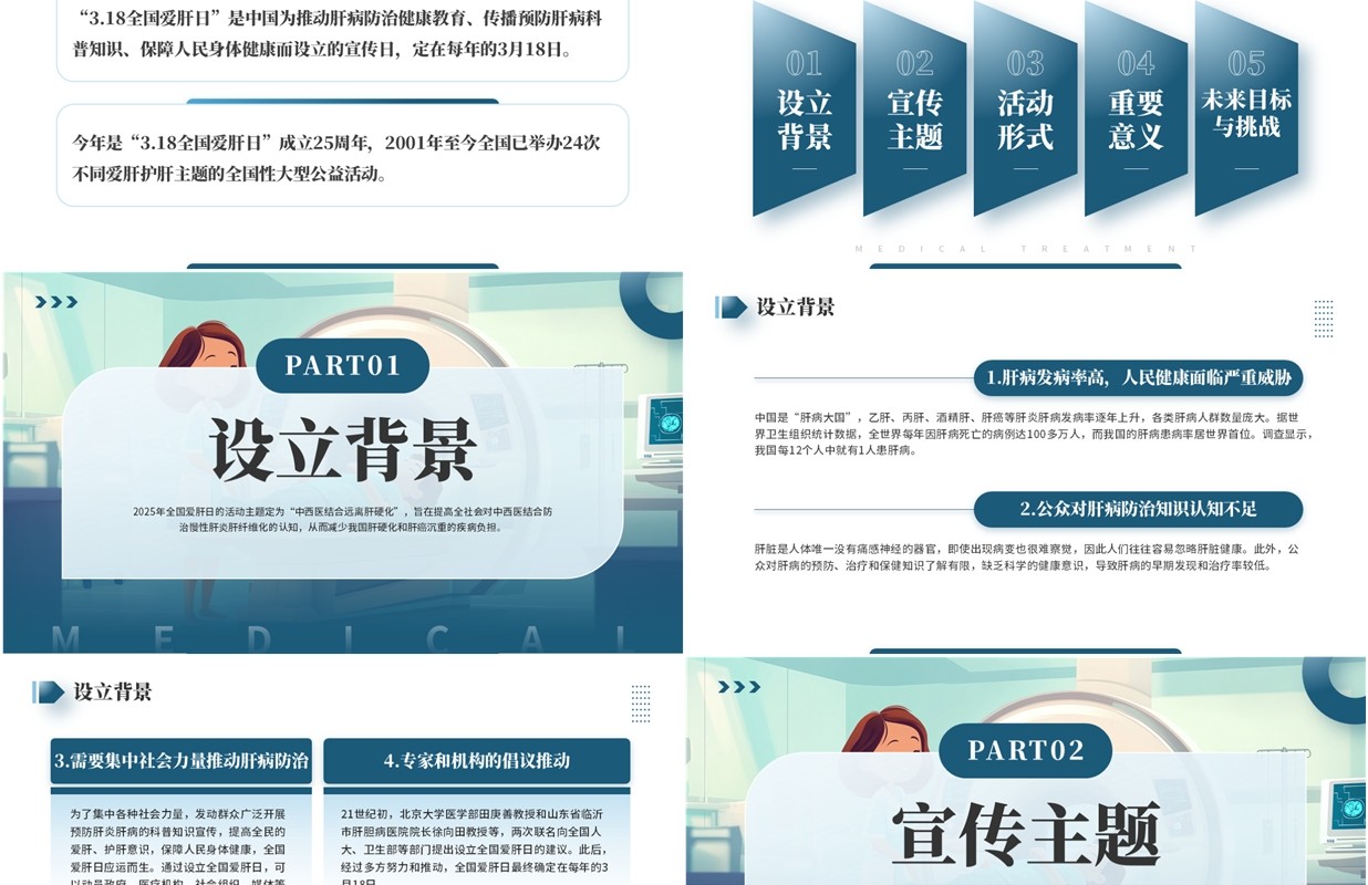 蓝色插画风2025全国爱肝日主题宣传PPT模板