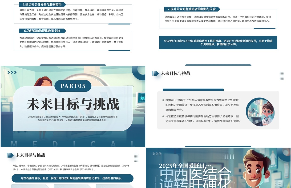 蓝色插画风2025全国爱肝日主题宣传PPT模板