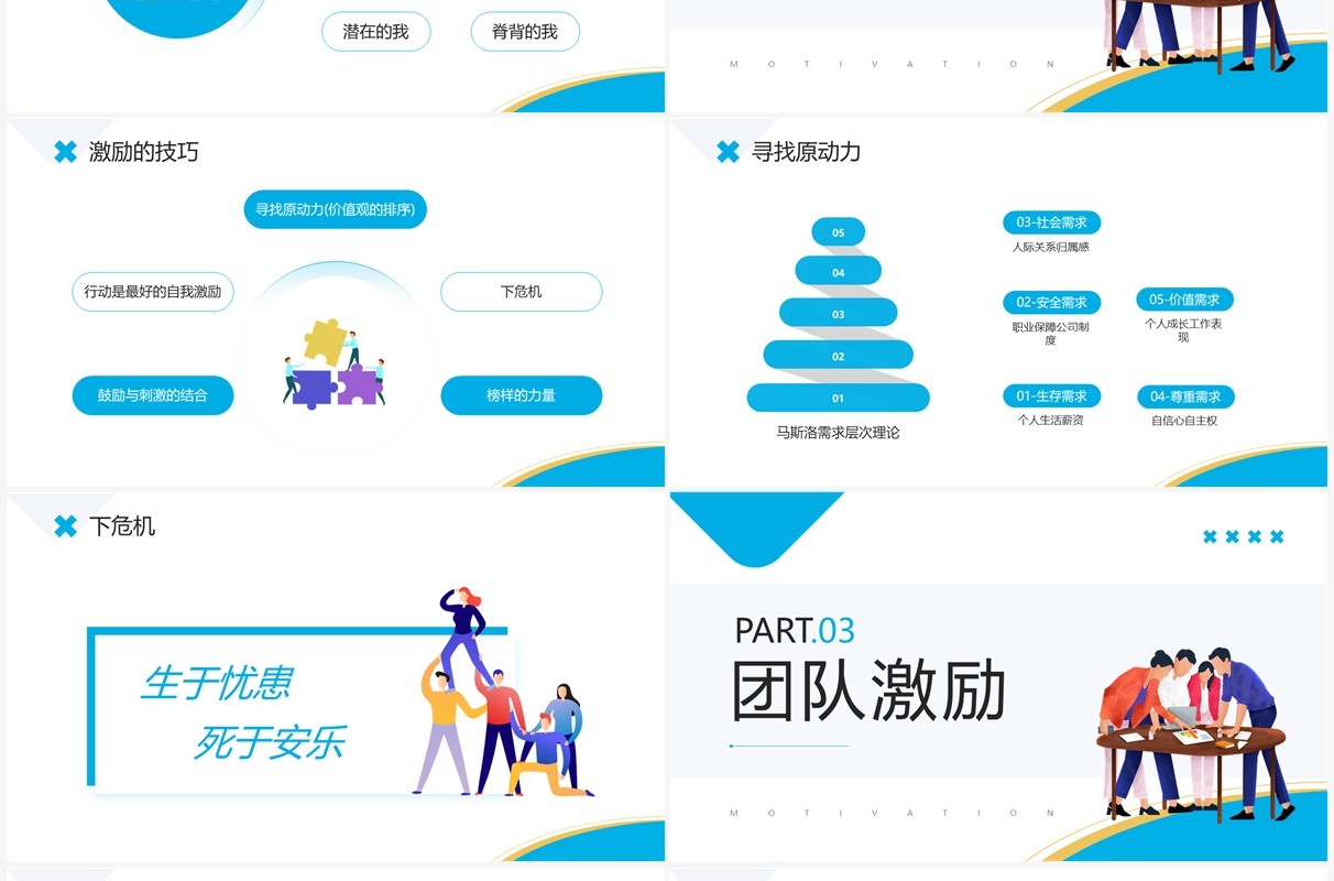 蓝色插画风个人激励及团队激励培训PPT模板