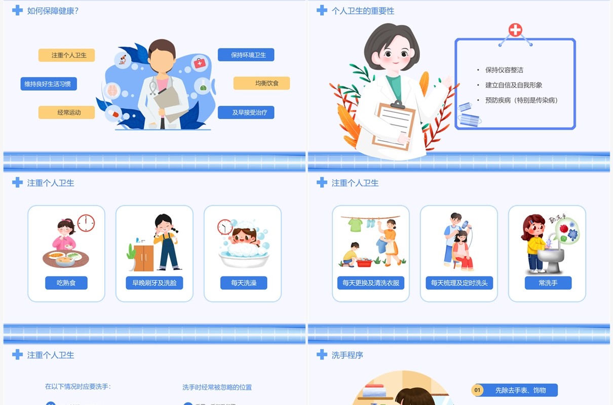 蓝色卡通风小学生健康卫生主题班会PPT模板