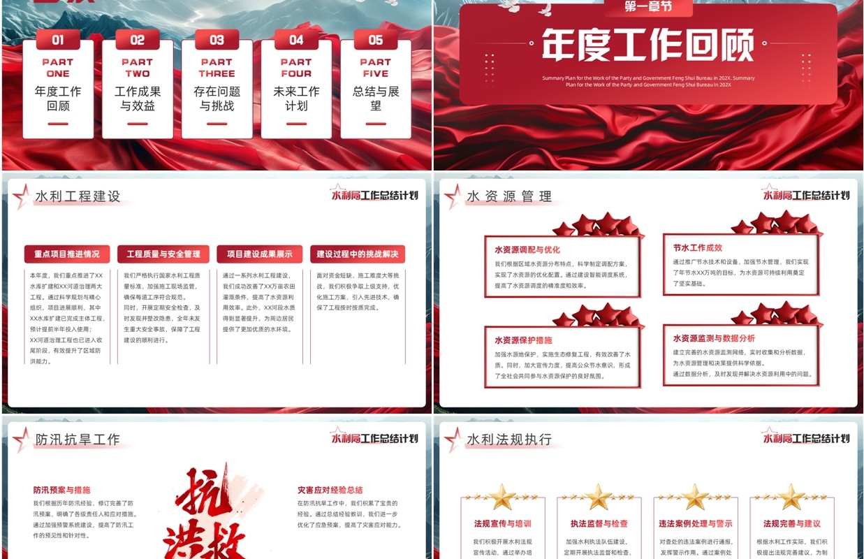 红色党政风水利局工作总结计划PPT模板