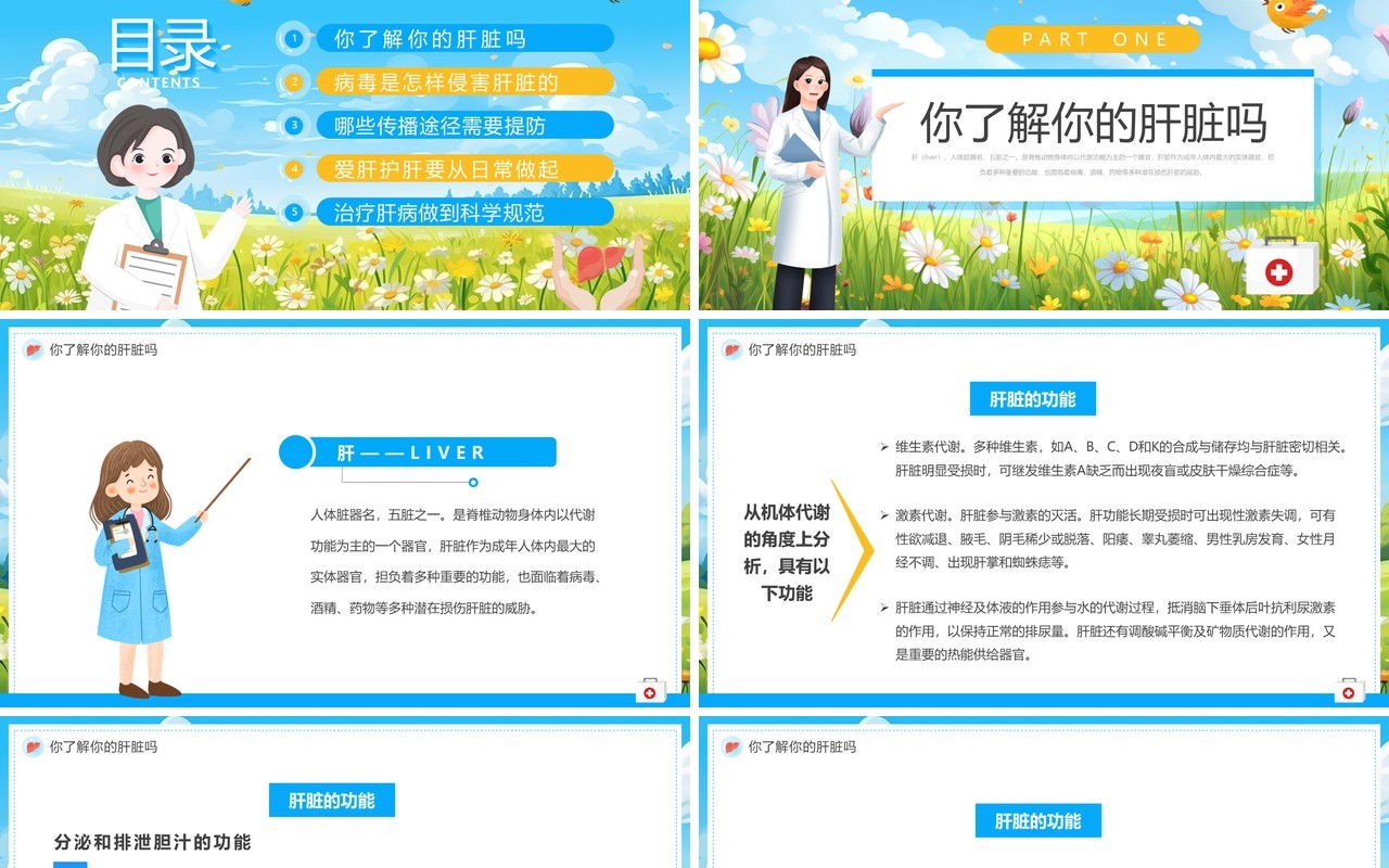 蓝色卡通风全国爱肝日主题教育PPT模板