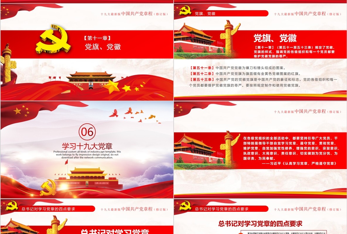 红色十九大新党章修正全新中国共产党党章总纲党政党课PPT模板