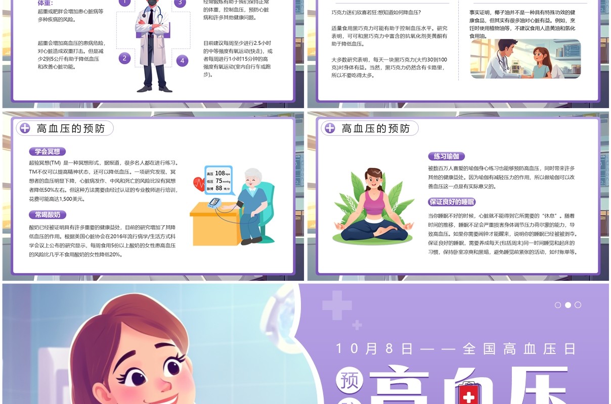 紫色插画风全国高血压日介绍PPT模板