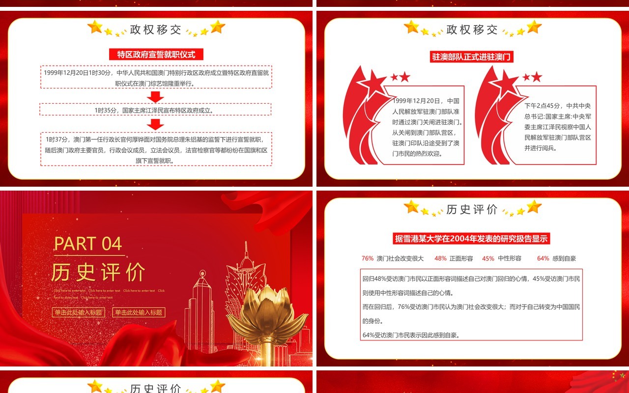 红色大气澳门回归纪念日PPT动态模板