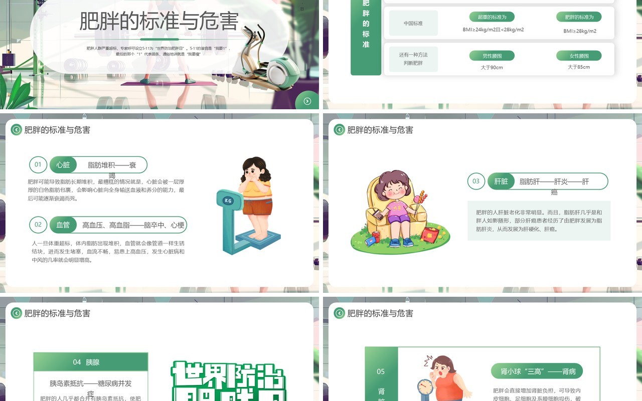 绿色插画风世界防治肥胖日PPT模板