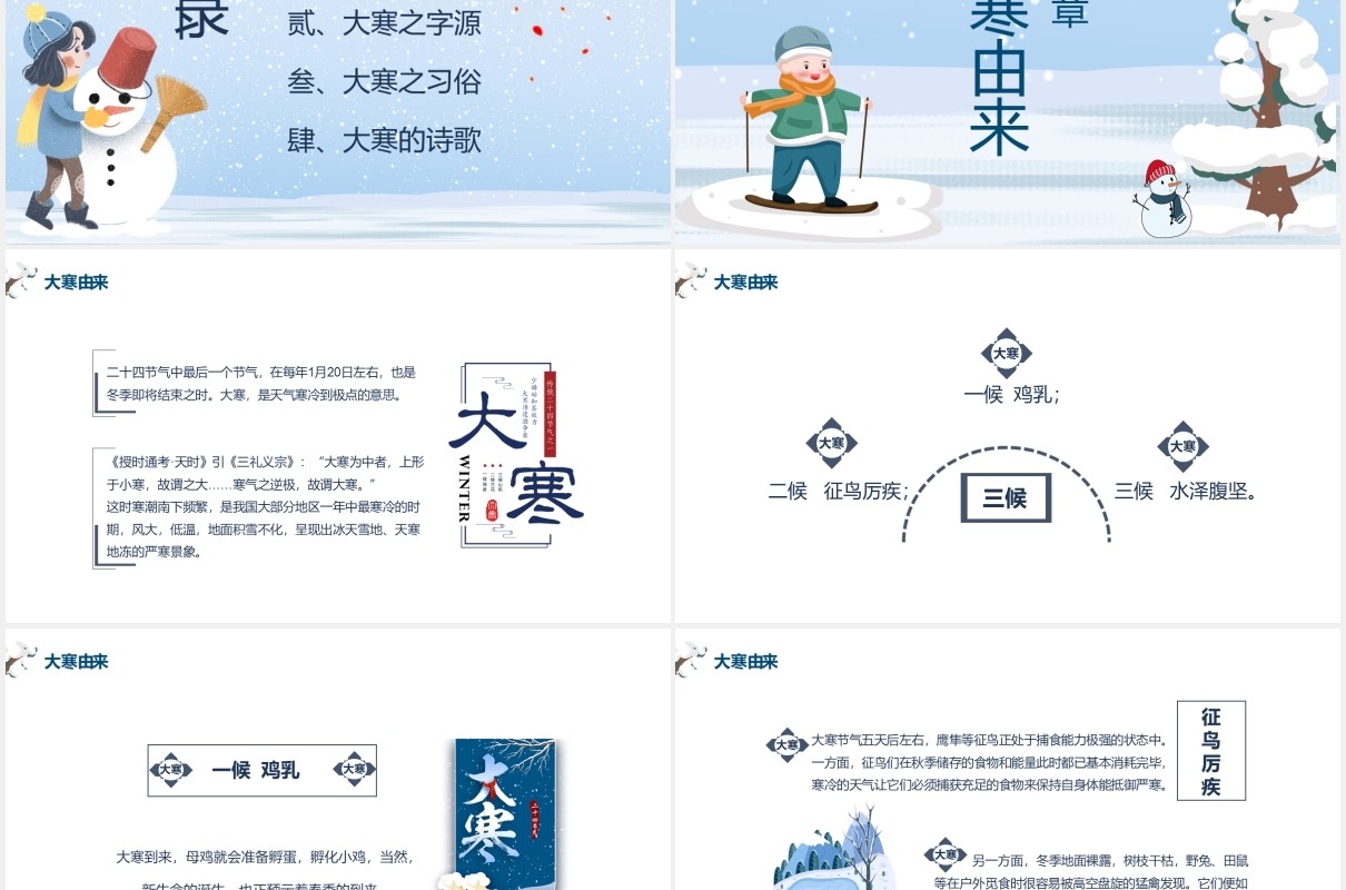 蓝色卡通风二十四节气大寒节气通用PPT模板