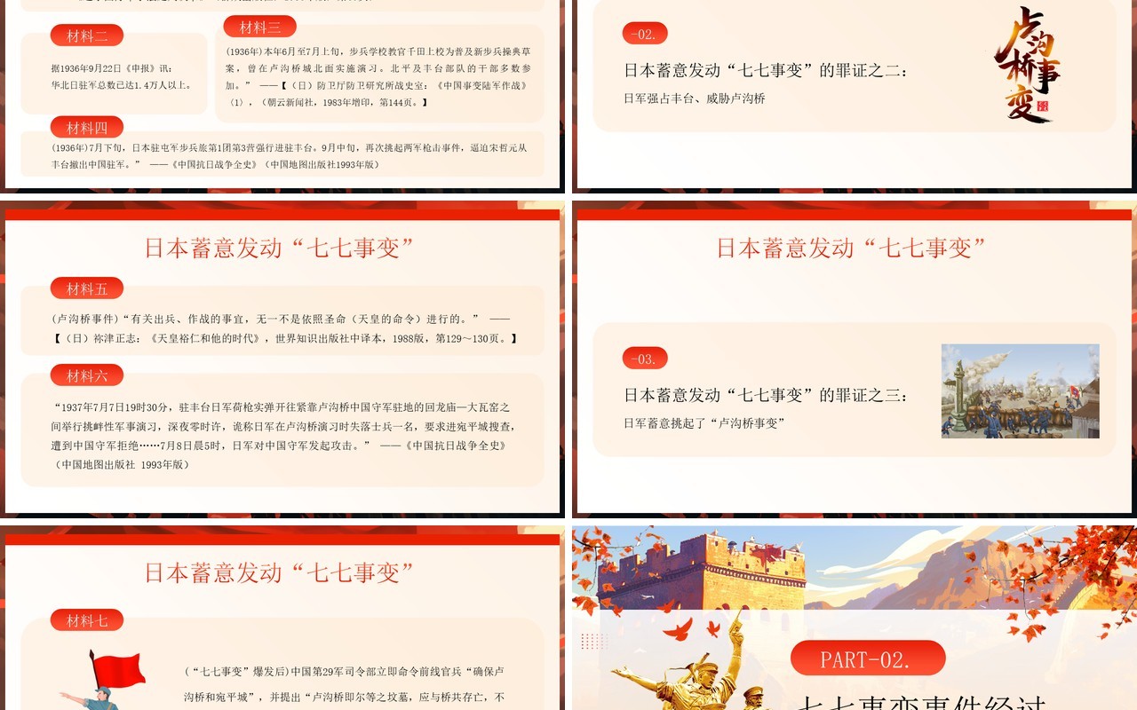 红色插画风纪念七七事变87周年PPT模板