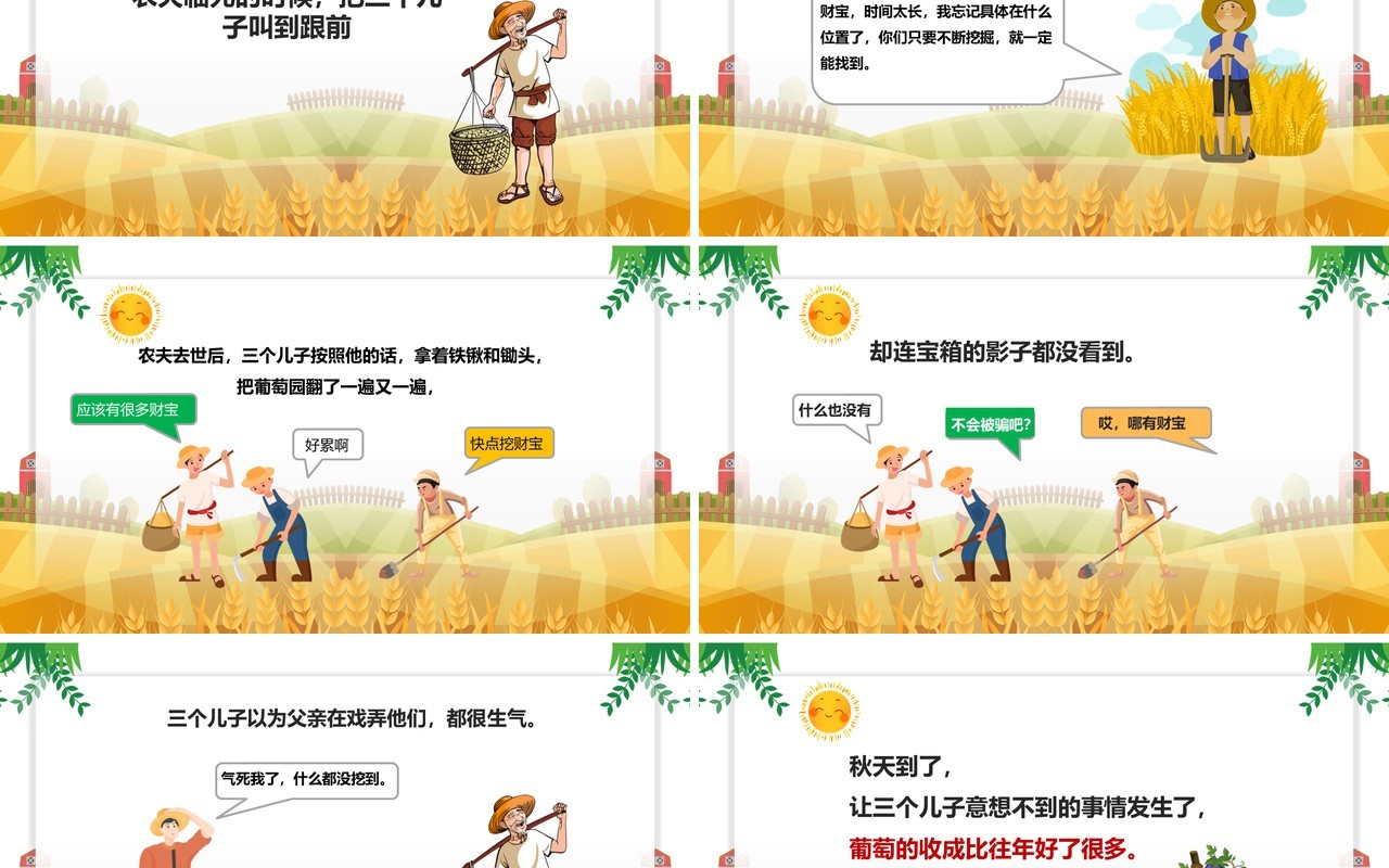 黄色卡通风儿童故事绘本农夫和三个儿子PPT模板