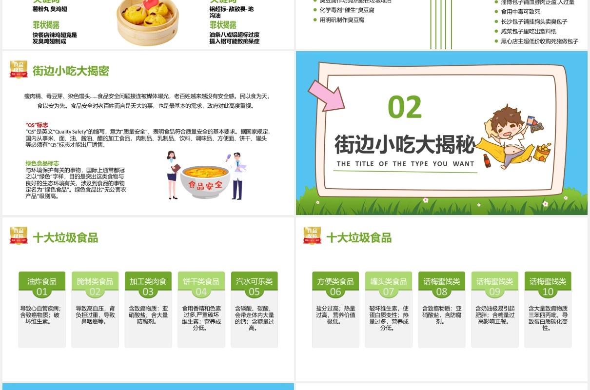 绿色卡通中小学生食品安全教育培训主题班会通用PPT模板