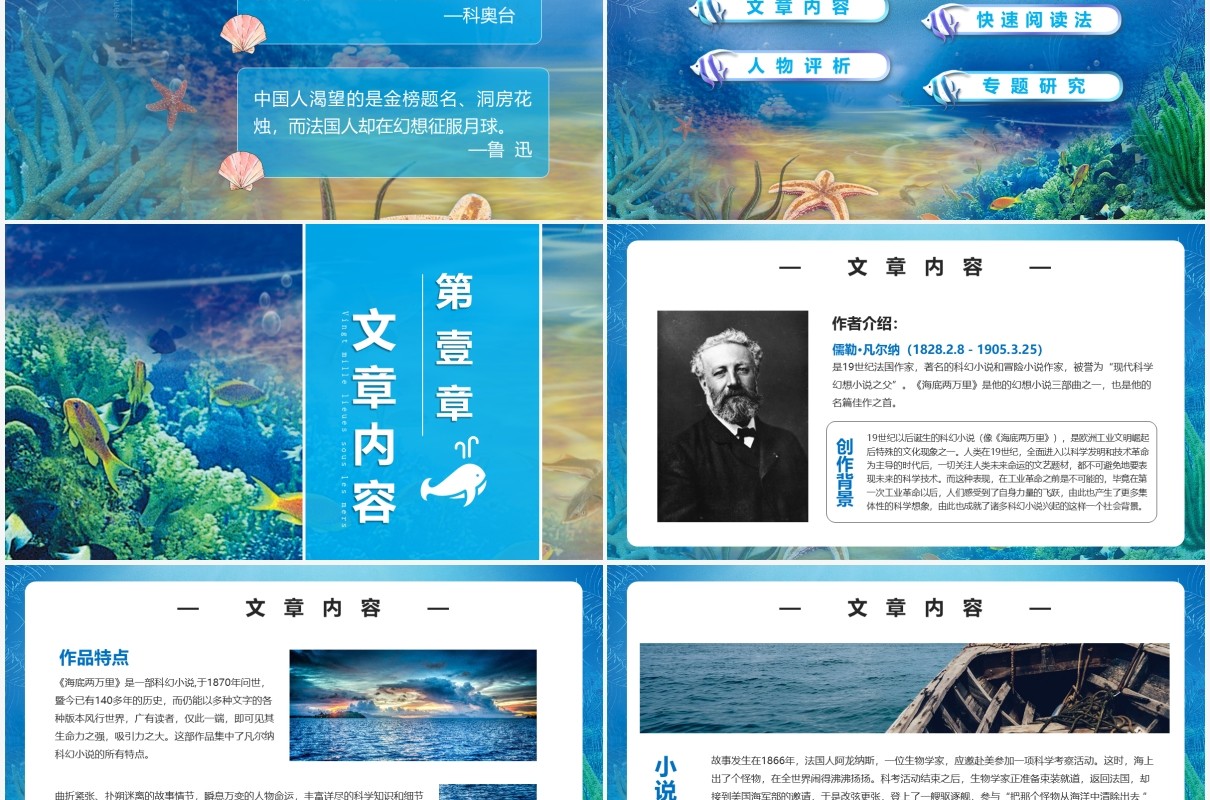 蓝色简约风科幻小说海底两万里介绍PPT模板