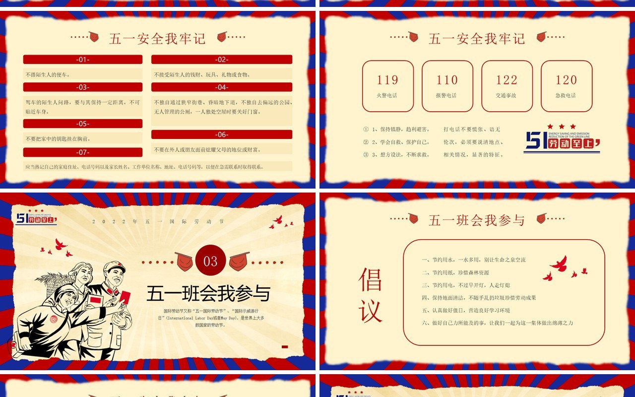 红色复古风五一劳动节安全教育PPT模板