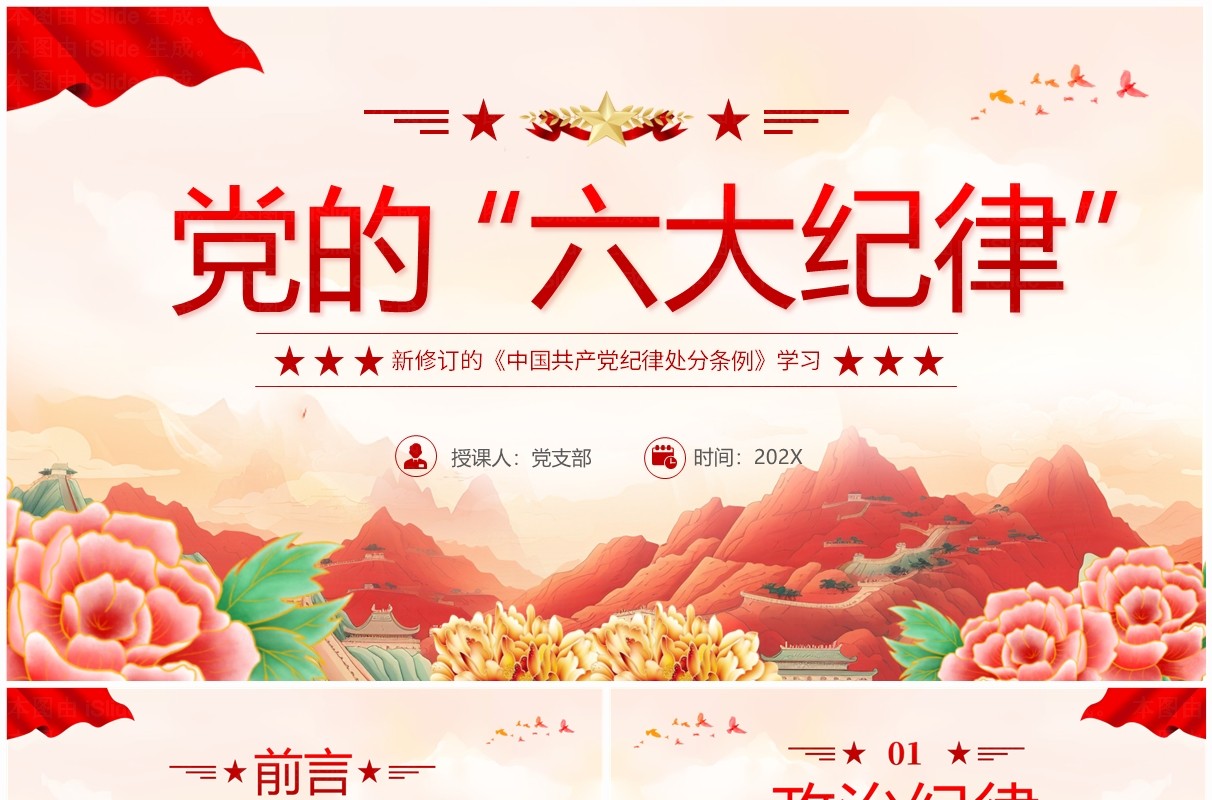 红色国潮风纪律处分条例的六大纪律PPT模板