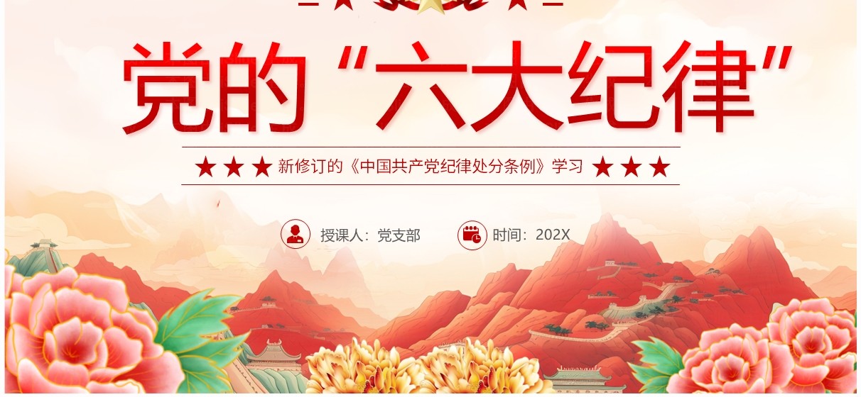 红色国潮风纪律处分条例的六大纪律PPT模板