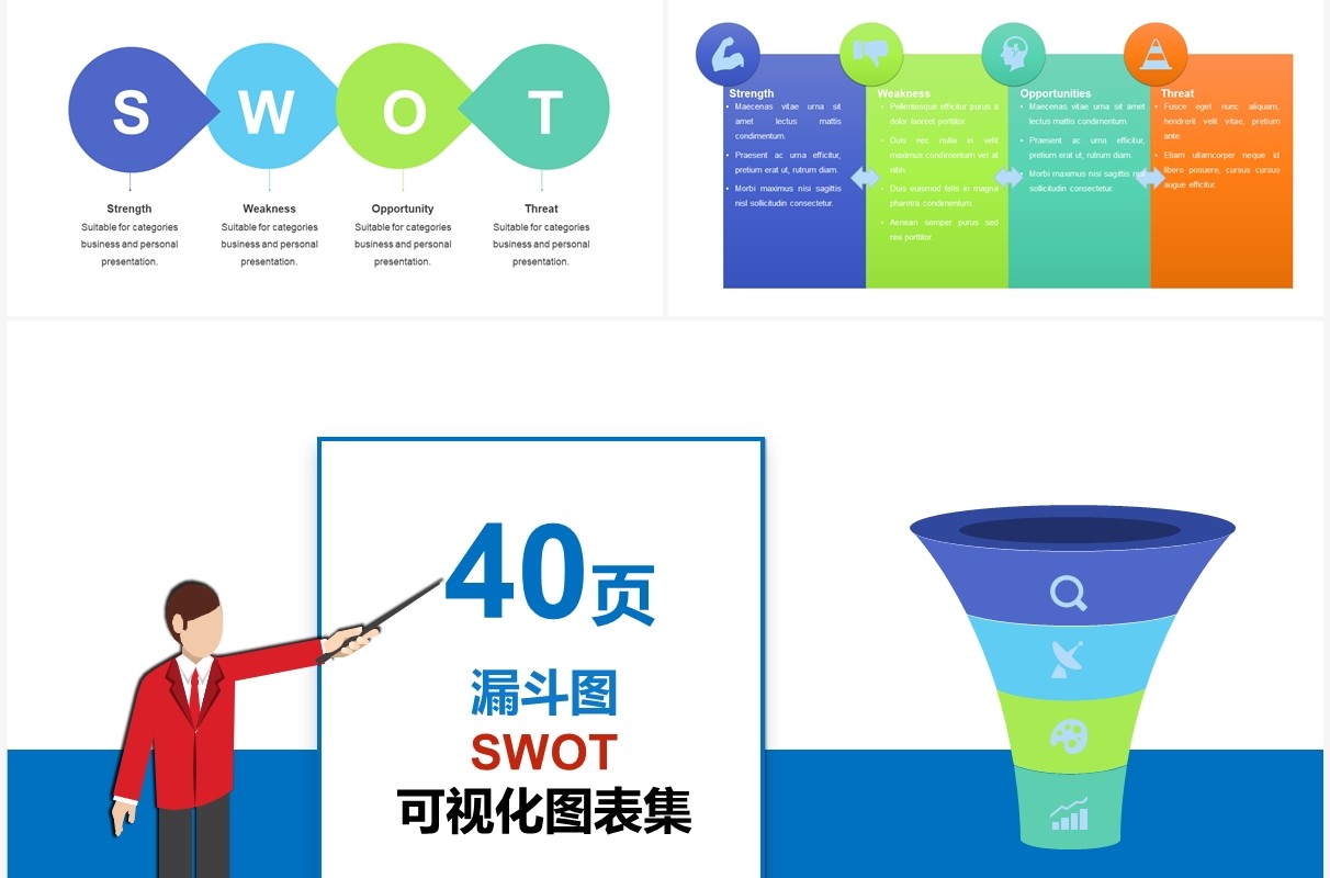 40页漏斗图SWOT可视化图表集PPT模板