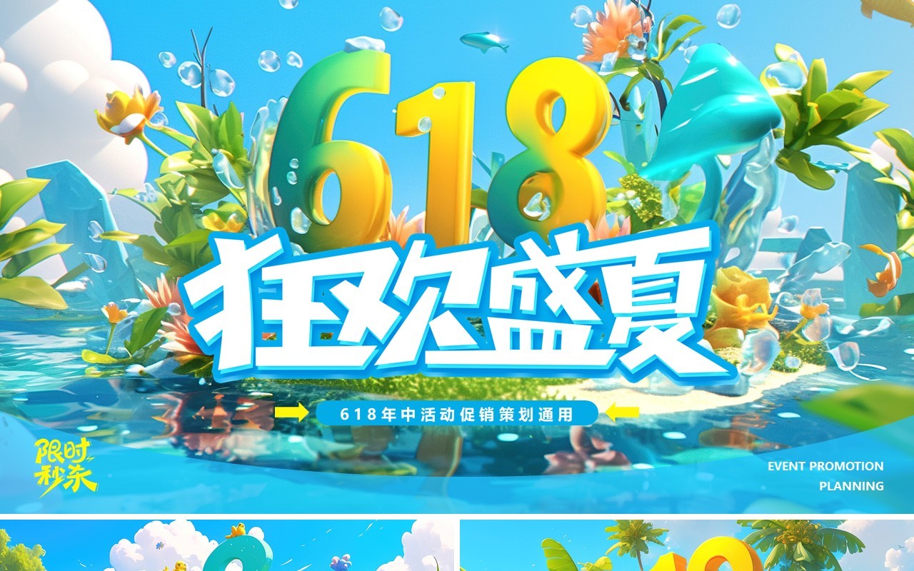 蓝色插画风618盛夏狂欢活动策划PPT模板