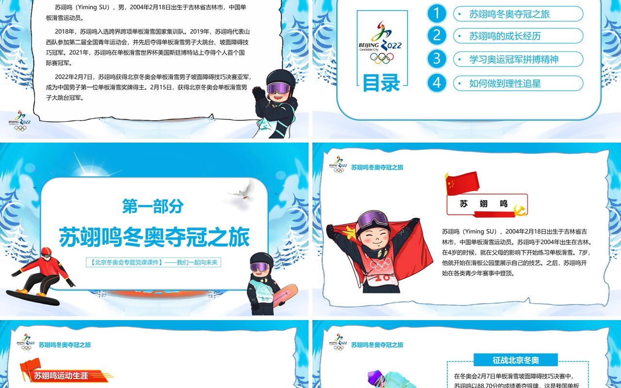 蓝色卡通学习奥运冠军苏翊鸣PPT模板